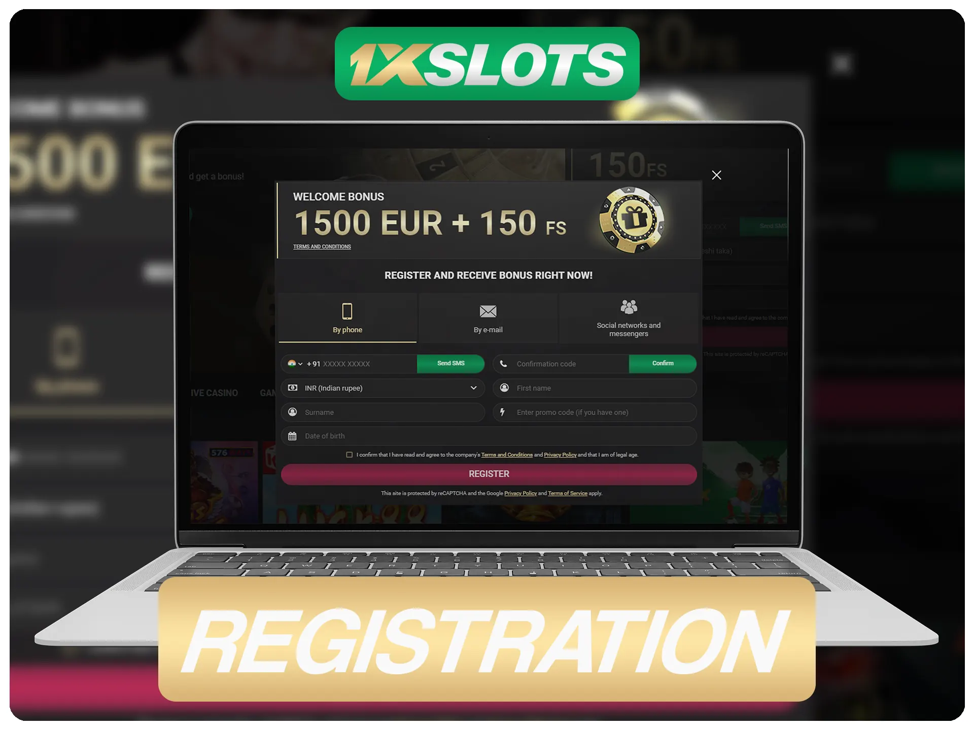Registre uma nova conta 1xSlots fazendo login na página especial.